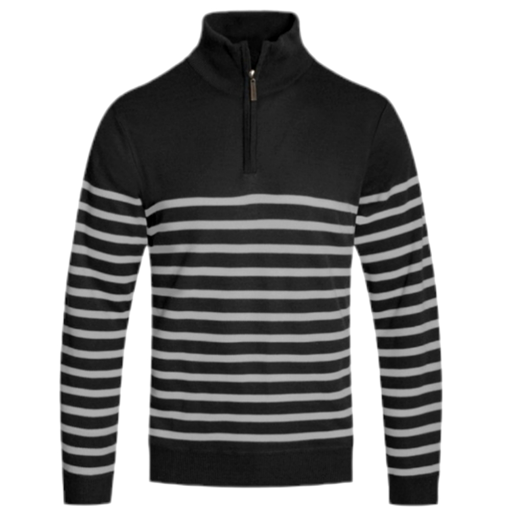 Men's Black and Grey Striped Quarter Zip Pullover Sweater